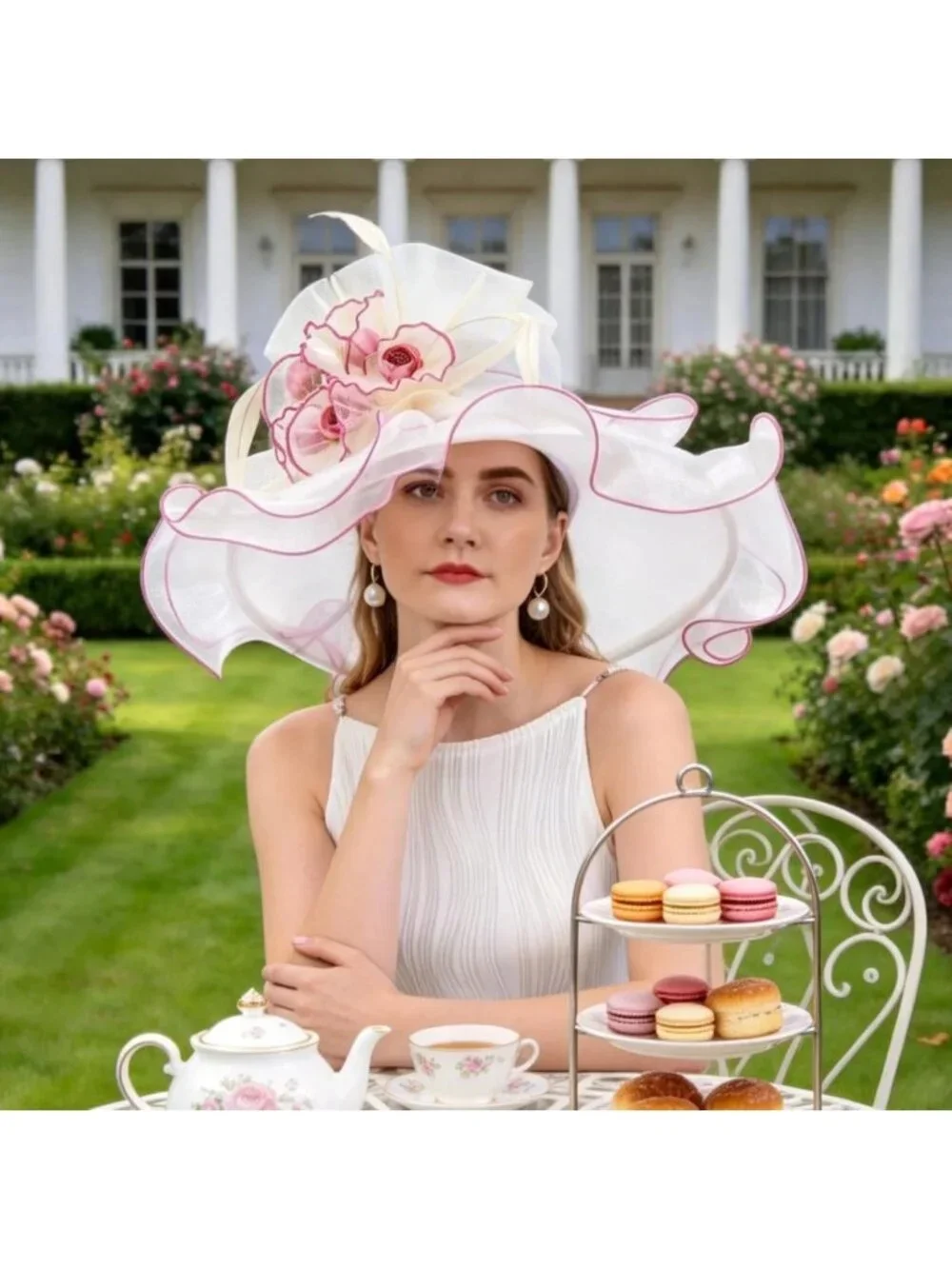 Elegant Wide Brim Women's Church Hat with Leaf & Flower for Derby & Bridal